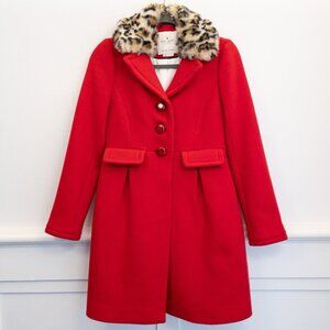 Kate Spade Red Wool Coat Faux Fur Leopard Collar Winter Buttoned Jacket 0